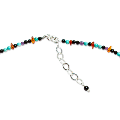 Multi-gemstone beaded pendant necklace, 'Skull with Treasure' - Sterling Silver Mexican Skull Necklace with Gemstones