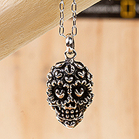 Sterling silver pendant necklace, 'Deadly Love' - Skull Necklace in Taxco Sterling Silver
