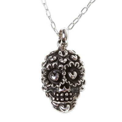 Sterling silver pendant necklace, 'Deadly Love' - Skull Necklace in Taxco Sterling Silver