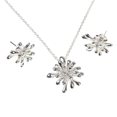 Sterling silver jewellery set, 'Cool Coral' - Necklace and Earrings in Taxco Sterling Silver