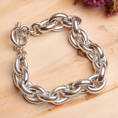 Sterling silver link bracelet, 'Taxco Chain' - 925 Sterling Silver Rolo Bracelet With Toggle Clasp Taxco