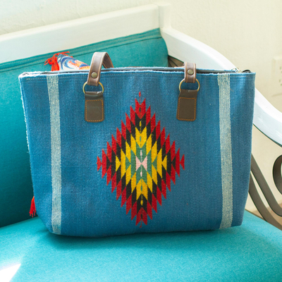 Zapotec wool shoulder bag, Blue Sky Starburst