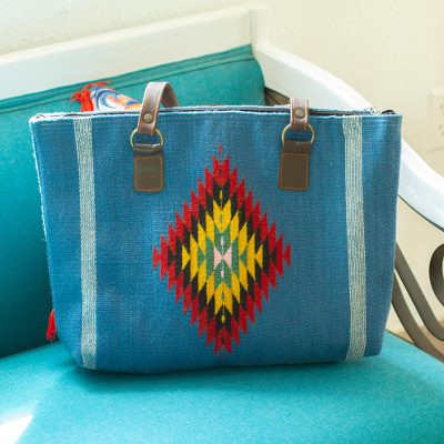 Zapotec wool shoulder bag, 'Blue Sky Starburst' - Handwoven Blue Wool Shoulder Bag with Diamond Pattern