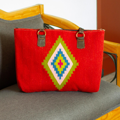 Zapotec wool shoulder bag, 'Red Sky Starburst' - Handwoven Red Wool Shoulder Bag with Diamond Pattern