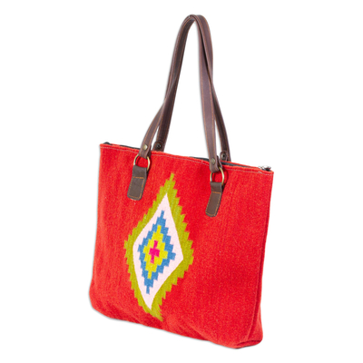 Umhängetasche aus Zapotec-Wolle, 'Red Sky Starburst - Handgewebte Umhängetasche aus roter Wolle mit Rautenmuster