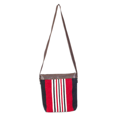 Wool sling bag, 'Repeating Lines' - Red and Black Wool and Leather Shoulder Sling from Oaxaca