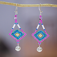 Agate and crystal bead dangle earrings, 'God's Vision' - Crystal Beaded God's Eye Earrings in Green and Purple