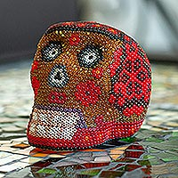 Beaded papier mache skull, 'Red Scorpion' - Small Red Huichol Skull