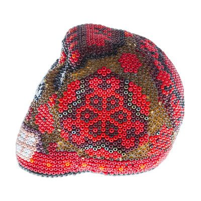 Totenkopf aus Pappmaché mit Perlen – Kleiner roter Huichol-Schädel