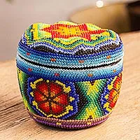 Huichol beaded papier mache decorative box, 'Huichol Treasure' - Decorative Beaded Box from Mexico