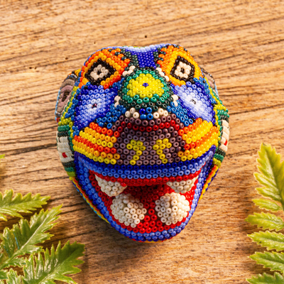 Huichol beaded papier mache mask, 'Jaguar Rising' - Beaded Wixárika or Huichol Jaguar Head from Jalisco Mexico