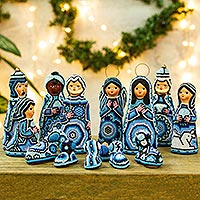Beaded ceramic nativity scene, 'That Special Night' (14 pieces) - Huichol Hand Beaded Blue Nativity Scene Figurines (14 Piece)