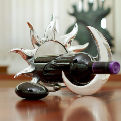 aluminium wine bottle holder, 'Shiny Eclipse' - Sun and Moon Themed Recycled aluminium Wine Bottle Holder