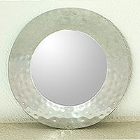 Aluminum wall mirror, 'Lunar Reflection' - Wall Mirror with Recycled Hammered Aluminum Frame