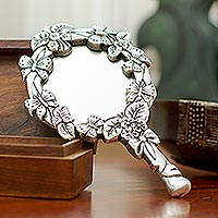 Aluminum hand mirror, 'Butterfly Beauty' - Butterfly Themed Recycled Aluminum Hand Mirror From Mexico