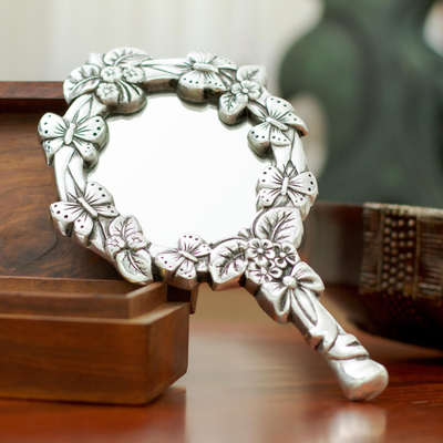 Aluminum hand mirror, 'Butterfly Beauty' - Butterfly Themed Recycled Aluminum Hand Mirror From Mexico