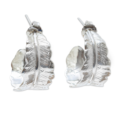 Sterling silver half hoop earrings, 'Mexican Fall' - Taxco Sterling Silver Half Hoop Earrings with Leaf Motif
