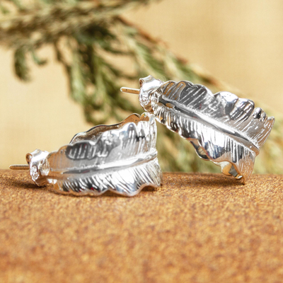 Sterling silver half hoop earrings, 'Mexican Fall' - Taxco Sterling Silver Half Hoop Earrings with Leaf Motif