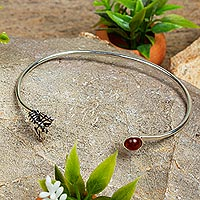 Amber and sterling silver cuff bracelet, 'Seeking Honey' - Bee and Amber Bead Cuff Bracelet in 925 Sterling Silver