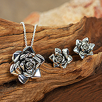 Sterling Silver Necklace and Earring Set From Taxco Mexico,'Mexican Roses'