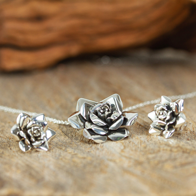 Sterling silver necklace and earring set, 'Mexican Roses' - Sterling Silver Necklace and Earring Set From Taxco Mexico