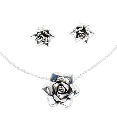Sterling silver necklace and earring set, 'Mexican Roses' - Sterling Silver Necklace and Earring Set From Taxco Mexico