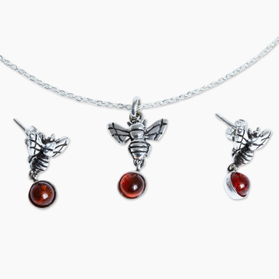 Amber jewellery set, 'Delivering Honey' - Amber and Sterling Silver Necklace and Earrings With Bees