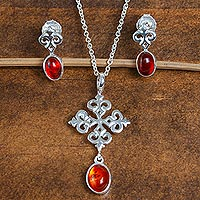 Amber jewellery set, 'Amber Cross' - Sterling Silver and Oval Amber Necklace and Earring Set