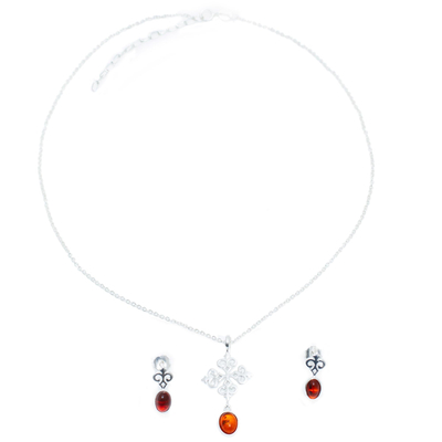 Sterling Silver and Oval Amber Necklace and Earring Set