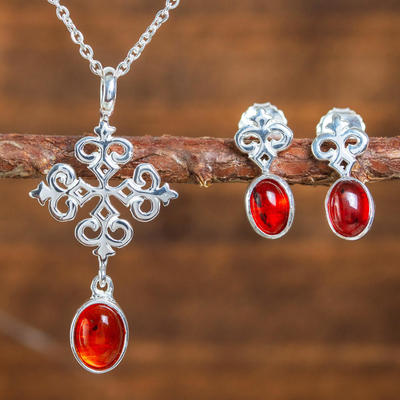 Amber jewelry set, 'Amber Cross' - Sterling Silver and Oval Amber Necklace and Earring Set