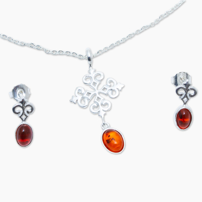 Amber jewelry set, 'Amber Cross' - Sterling Silver and Oval Amber Necklace and Earring Set