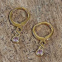 Gold plated crystal hoop earrings, 'Sleek Subtlety in Pink' - Artisan Crafted Hoop Earrings with Crystal