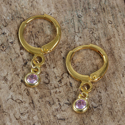 Gold plated crystal hoop earrings, 'Sleek Subtlety in Pink' - Artisan Crafted Hoop Earrings with Crystal
