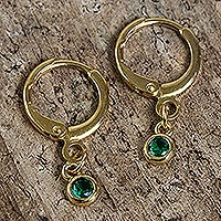 Gold plated crystal hoop earrings, 'Sleek Subtlety in Green' - Handcrafted Green Crystal Gold Plated Earrings