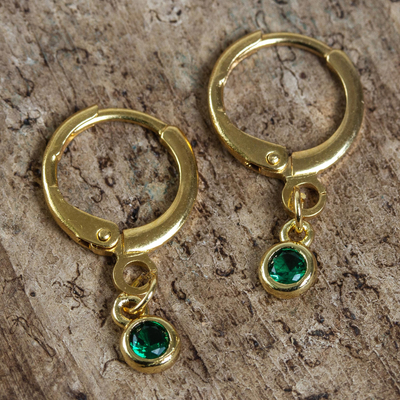 Gold plated crystal hoop earrings, 'Sleek Subtlety in Green' - Handcrafted Green Crystal Gold Plated Earrings