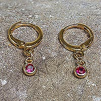Gold plated crystal hoop earrings, 'Sleek Subtlety in Fuchsia' - Handmade Fuchsia Crystal Earrings