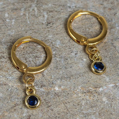 Gold plated crystal hoop earrings, 'Sleek Subtlety in Blue' - 14k Gold Plated Blue Crystal Earrings