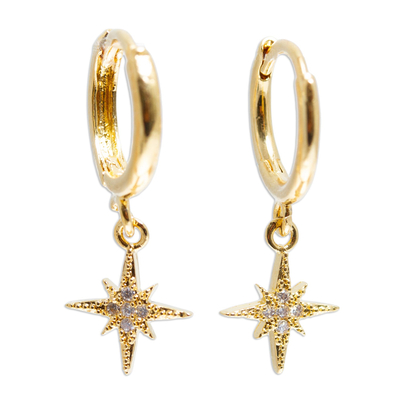 Gold plated crystal hoop earrings, 'Blazing Star' - 24k Gold Plated Hoop Earrings with Crystal