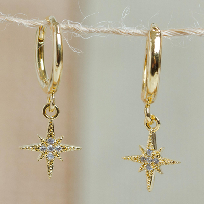 Gold plated crystal hoop earrings, 'Blazing Star' - 24k Gold Plated Hoop Earrings with Crystal