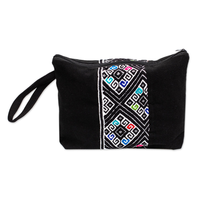 Black Cotton Wristlet With Polyester Lining From Mexico