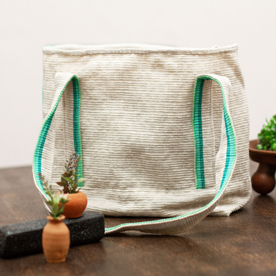 Cotton tote bag, 'Textured Travel' - Natural Cotton Tote Bag With Green Stripes From Mexico