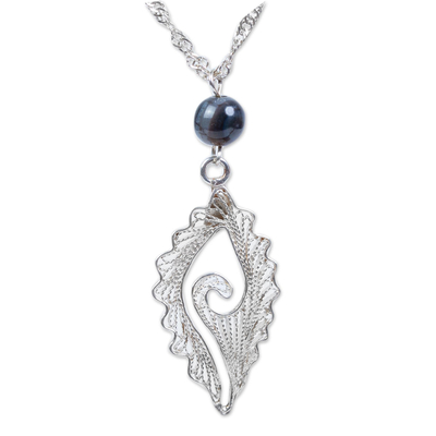 Agate pendant necklace, 'Filigree Snail' - 925 Sterling Silver Necklace with Filigree Pendant and Agate