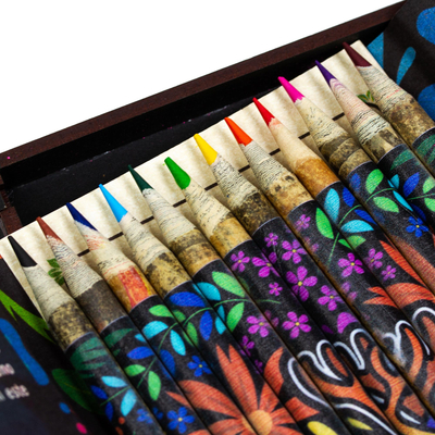Caja y lápices de colores de papel reciclado - Juego de lápices de colores de papel reciclado en caja de madera de México