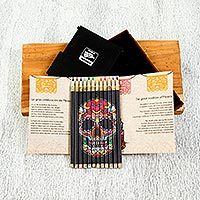 Recycled paper colored pencils and box, 'Alebrije Skull'
