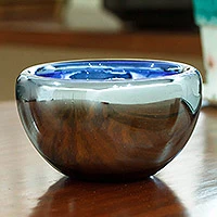 Blown glass bowl, 'Blue Opal' - Blue Reflective Blown Glass Bowl from Recycled Glass