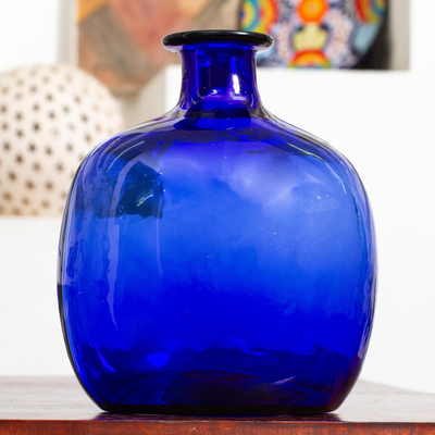 Blown glass vase, 'Cobalt Blue Bottle' - Blue Bottle Shaped Eco Friendly Blown Glass Vase