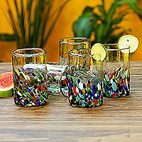 Vasos de vidrio, 'Jardín de Tonala' (juego de 6) - Vasos de vidrio con lunares multicolores de México (Juego de 6)
