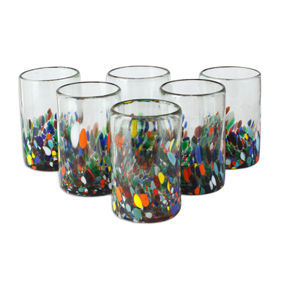 Glass tumblers, 'Tonala Garden' (set of 6) - Multicolored Spotted Glass Tumblers from Mexico (Set of 6)