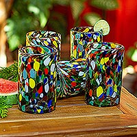 Glass tumblers, 'Large Mod Spots' (set of 6) - Multicoloured Spotted Glass Tumblers from Mexico (Set of 6)