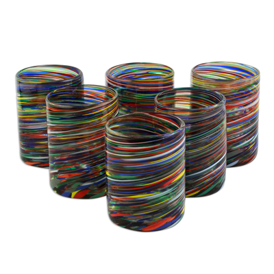 Glass rocks glasses, 'Spiral Crayons' (set of 6) - Multicolored Swirl Rocks Glasses from Mexico (Set of 6)